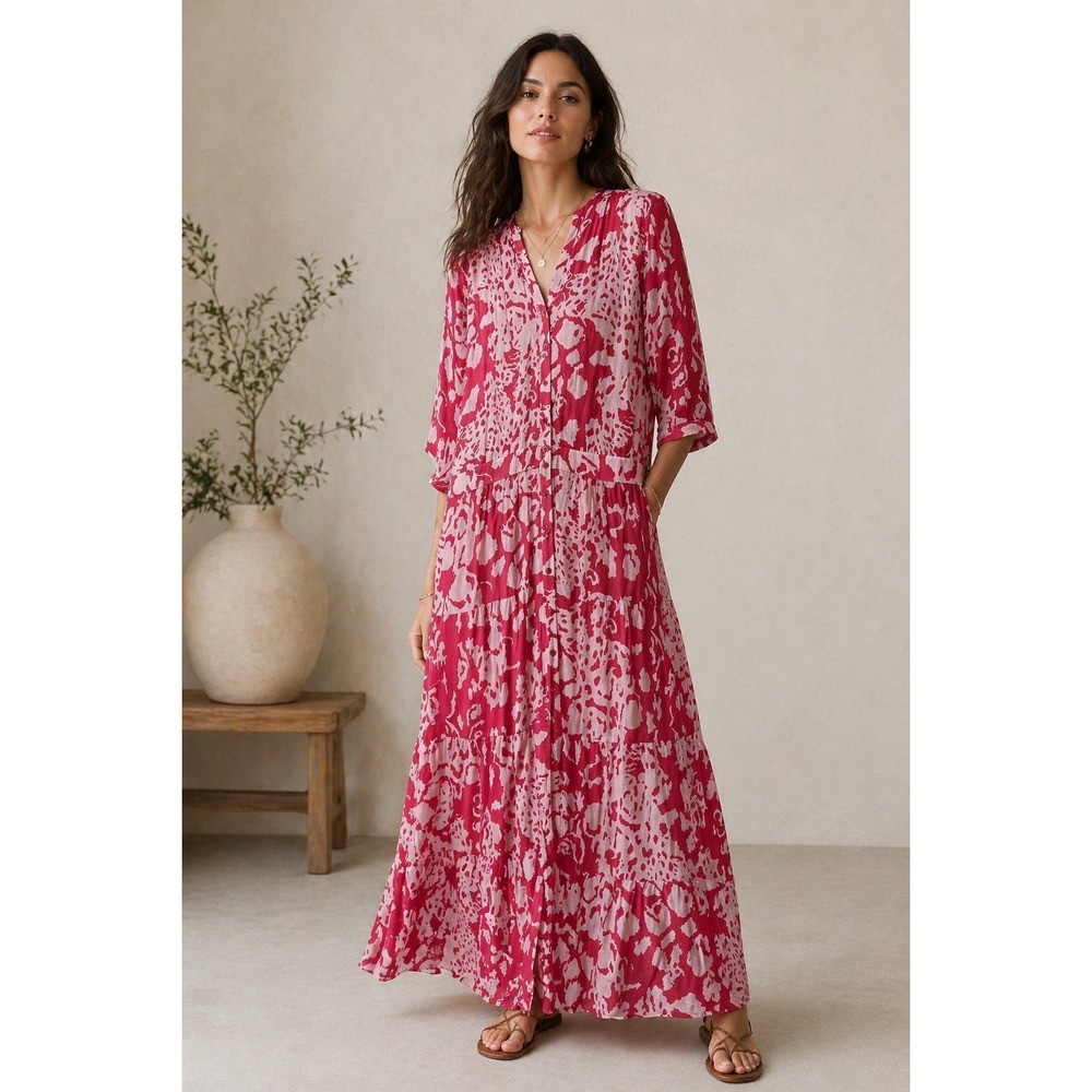Ba&sh Blake Bordeaux Maxi Dress Pink Red Abstract Button Front Size 1 US 6